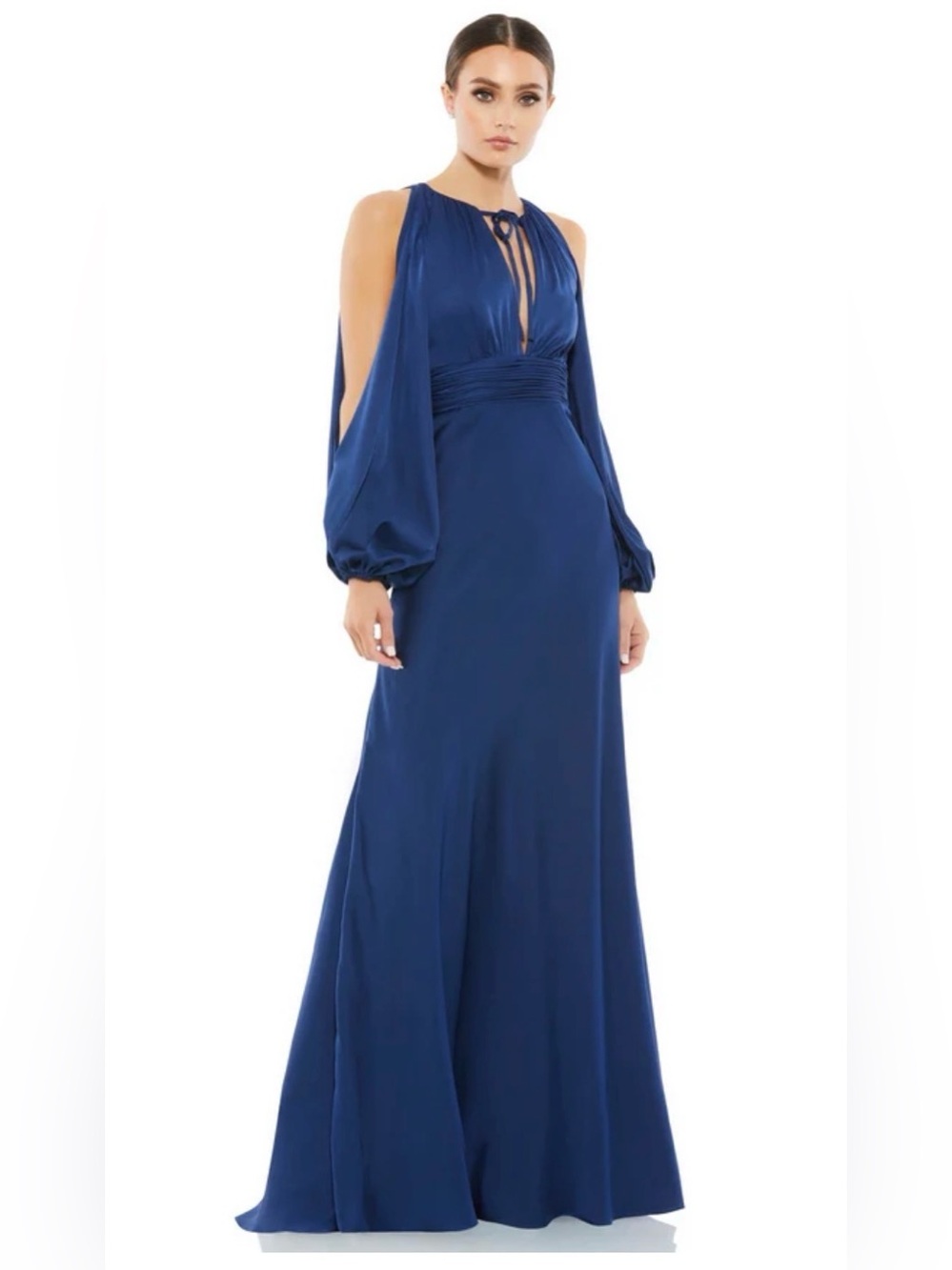 Mac Duggal Navy Blue Long Sleeve Cold Shoulder Keyhole Gown Size 2 $398 Formal